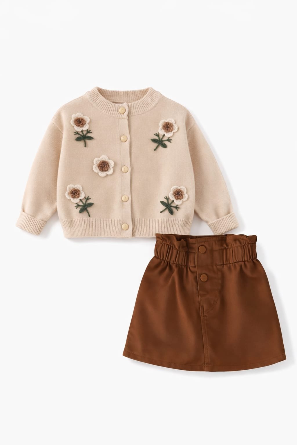 Girls Outfit Set - Elegant Beige Flowers - Image 2