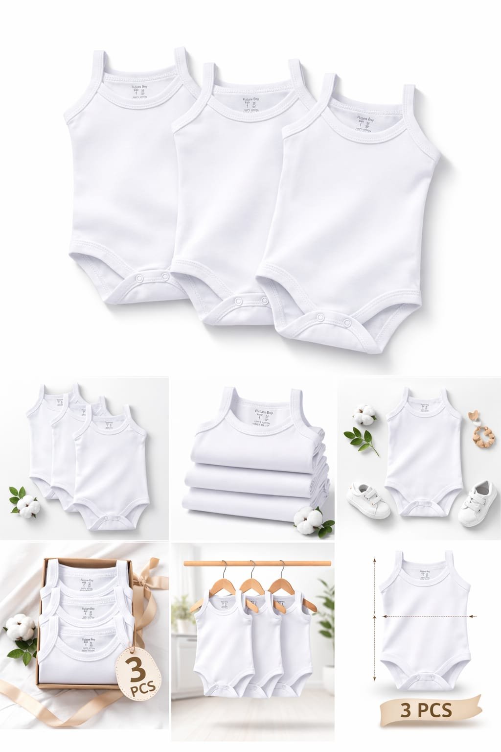 Baby 100% Cotton white sleeveless Bodysuit Set -3pcs - Image 2