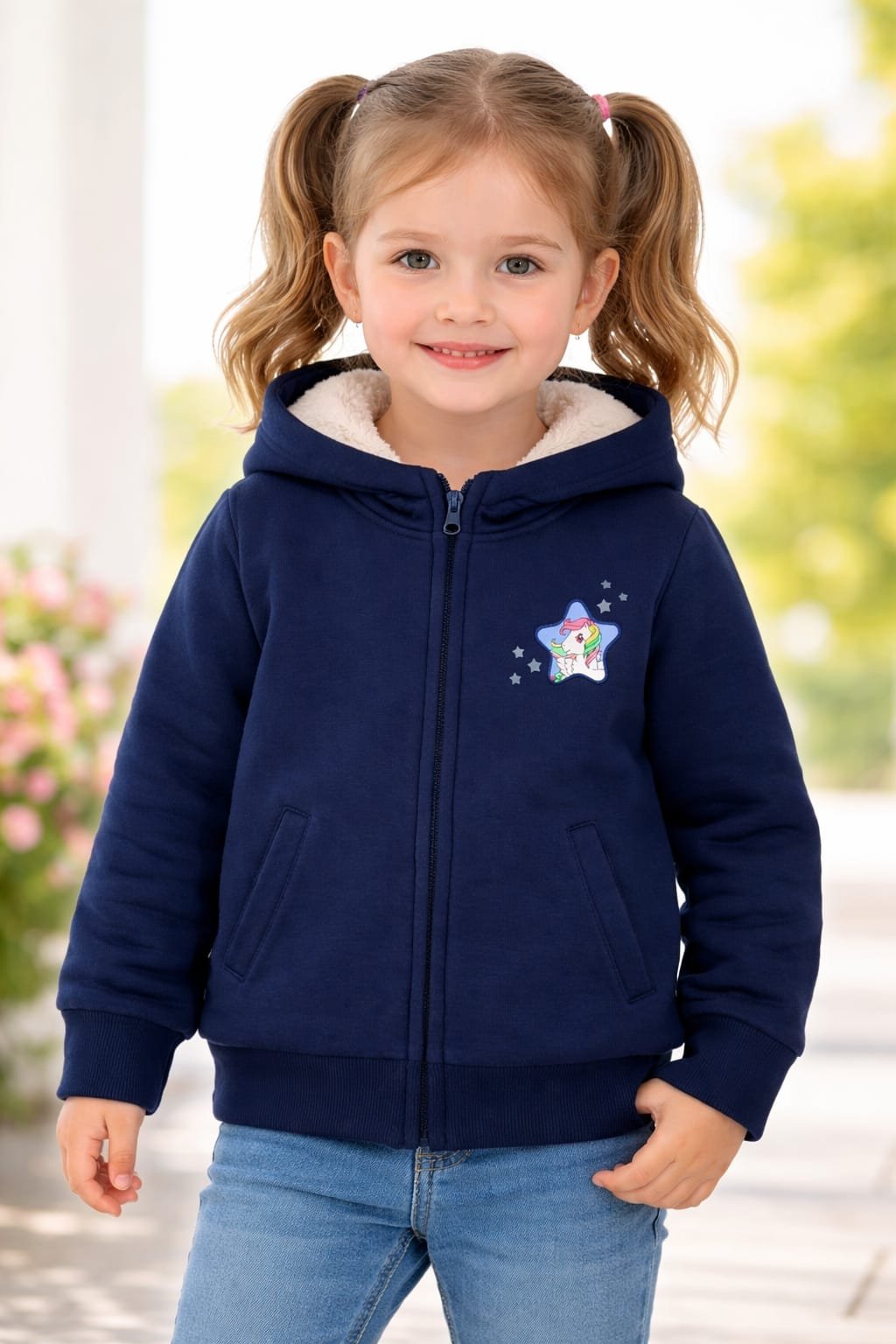 Girls Cotton Fleece-Lined Unicorn Hoodie – Navy Blue هودي قطن مبطن فرو يونيكورن – كحلي