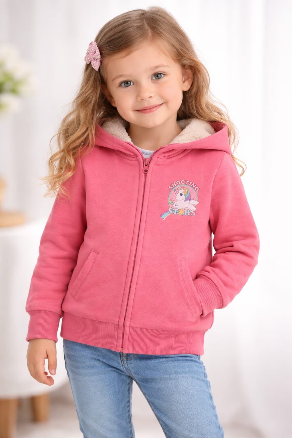Girls Cotton Fleece-Lined Unicorn Hoodie – Pink هودي قطن مبطن فرو يونيكورن – زهري