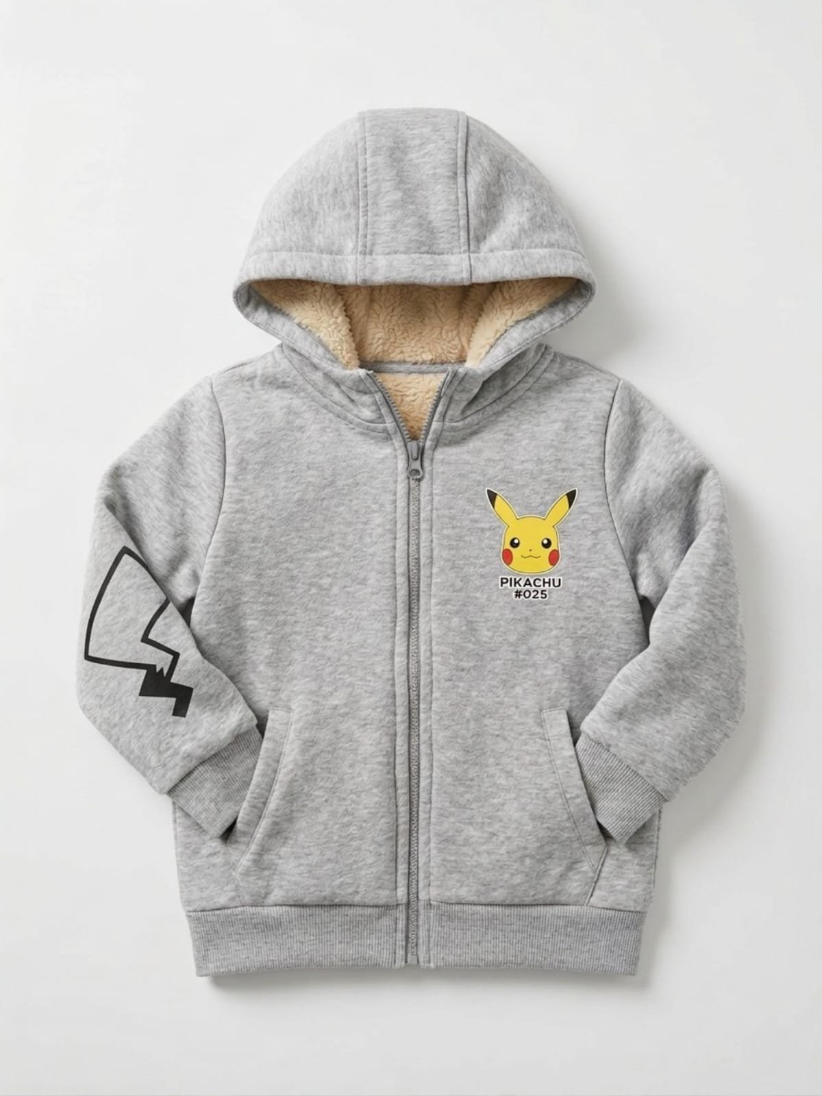 Boys Cotton Fleece-Lined Pikachu Hoodie – Gray هودي قطن مبطن فرو بيكاتشو – سكني