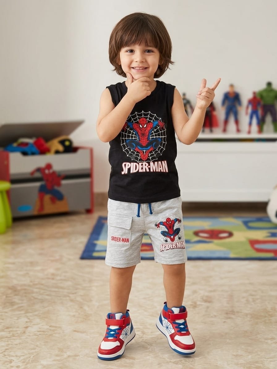 Boys Cotton Spiderman set-Black–  طقم رياضي قطن سبايدرمان ولادي-أسود